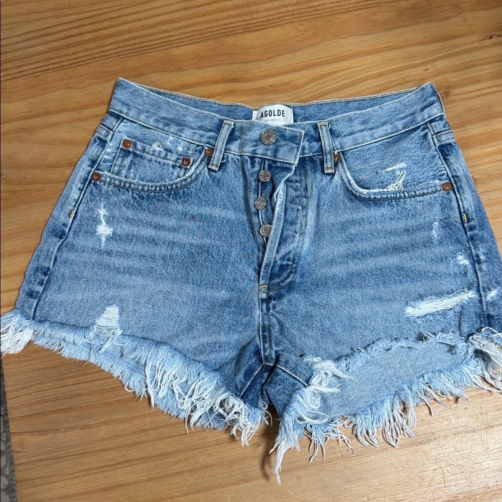 Agolde Light Blue Frayed Denim Shorts